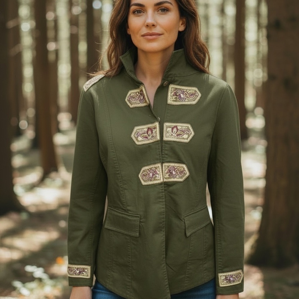 Chico's Ambered Olive Green Embellished Military Jacket